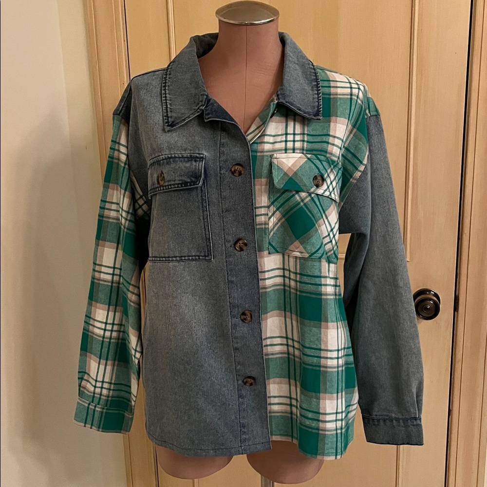 STEVE MADDEN Cabin Casual Relaxed Hybrid Flannel Tartan Plaid Denim Shacket SZ L